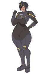 1girls abs amber_eyes armor big_breasts black_hair blush blushing_at_viewer bodysuit boots bracers clothing_request combat_boots cuisse cuisses curvy_figure female female_only gorget grey_armor gya_rb hand_on_hip hand_on_waist helldiver_(helldivers) helldivers huge_hips huge_thighs light-skinned_female looking_at_viewer open_mouth orange_eyes pauldrons rokmc_chan salute short_hair solo standing thick_thighs thighhighs two-tone_hair two-tone_skin two_tone_hair two_tone_skin unconvincing_armor vambraces white_background yellow_hair yellow_highlights
