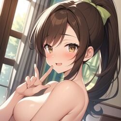 ai_generated blush breasts brown_hair commentary_community female female_only frosting.ai jadyn jalyn light-skinned_female light_skin naked naked_female no_clothes no_sex nude nude_female open_mouth open_smile peace_sign ponytail smile youtube youtuber youtuber_girl