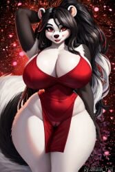 ai_generated dress huge_breasts lipstick red red_eyes skunk smile thick_thighs