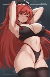 1girls arms_up bra breasts female goddess_of_victory:_nikke hat hi_res hioyami huge_breasts light-skinned_female light_skin long_hair panties rapi_(nikke) rapi_(red_hood)_(nikke) red_eyes red_hair thick_thighs