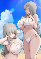 1girls bare_shoulders beach big_breasts bikini blue_sky blush breasts cleavage closed_eyes closed_mouth curvy day female grey_hair groin hair_down huge_breasts long_hair looking_back mature_female multiple_views nago_purin navel open_mouth skindentation sky standing stomach string_bikini swimsuit thick_thighs thighs uzaki-chan_wa_asobitai! uzaki_tsuki white_bikini wide_hips