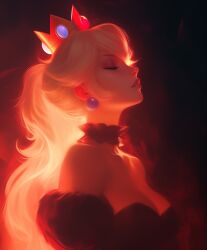 1girl 1girls ai_generated bare_shoulders black_dress blonde_hair breasts clavicle cleavage closed_eyes collarbone crown detached_sleeves earrings exposed_shoulders eyeshadow female lips parted_lips portrait princess_peach profile side_view solo sphere_earrings stimograph super_mario_bros.