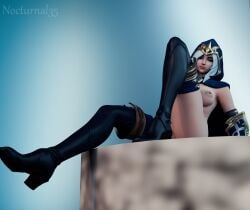 3d 3d_(artwork) 3d_model 3dcg ashe_(league_of_legends) black_boots blender blender_(artwork) blender_(software) blender_cycles blue_eyes boots breasts cloak gold_(metal) heel_boots hood hood_up league_of_legends legs looking_at_viewer nocturnal35 pussy riot_games tagme thigh_boots thighs white_hair