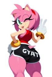 ai_generated amy_rose anthro ass brainrot cel_shading female female_focus female_only fur furry novelai peace_sign sega short_shorts shorts smiling sonic_(series) sonic_the_hedgehog_(series) text text_on_clothing that_guy9001 tongue tongue_out wink winking winking_at_viewer