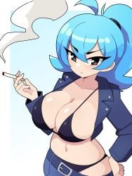 1girls big_breasts bikini black_bikini black_eyes blue_hair cielo_(starbirb) cigarette female female_only hand_on_hip hi_res j5daigada jacket leather_jacket looking_at_viewer open_jacket ponytail solo unamused