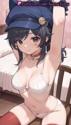 1girls ai_generated animal_hat anime anime_style armpit armpits arms_up asian bangs bare_shoulders bed bed_sheet bell black_eyes black_hair blue_headwear blush bow bow_bra bow_panties bra breasts bust busty cabbie_hat cameltoe chair choker cleavage cleft_of_venus closed_mouth clothing collar collarbone cool_mita_(miside) crotchless crotchless_panties east_asian facial_mark fake_animal_ears female female_focus female_only female_solo gloves hat hentai hi_res high_quality high_resolution highres indoors jingle_bell lingerie long_hair looking_at_viewer medium_breasts medium_hair miside mita_(miside) natsuyoru navel neck_bell on_bed on_chair panties pantsu pillow pussy red_bow red_choker red_collar red_thighhighs sidelocks sitting skindentation smile solo solo_female stomach string_bra thighhighs thighs underwear underwear_only undressing vagina voluptuous voluptuous_female white_bra white_panties wooden_floor