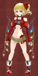 alternate_costume aoshima bare_legs bare_shoulders belt blonde_hair boots choker collarbone cross flandre_scarlet hair_ribbon highres long_sleeves navel no_pants pussy red_eyes ribbon short_hair side_ponytail sleeves_past_wrists solo the_embodiment_of_scarlet_devil touhou wings