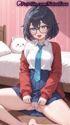 1girls ahoge ai_generated anime anime_style asian bangs bare_legs barefoot bed bedroom black-framed_eyewear black_hair blouse blue_eyes blue_hair blue_necktie blue_skirt blush breasts bust busty cameltoe cardigan clothes_lift collared_shirt feet female female_focus female_only foot_fetish glasses hair_between_eyes hair_ornament hairclip heart heart-shaped_pupils hi_res high_quality high_resolution highres indoors jacket legs long_sleeves looking_at_viewer medium_breasts megane mila_(miside) miside mita_(miside) mole natsuyoru necktie on_bed open_cardigan open_clothes open_mouth panties pantsu pillow pleated_skirt pussy red_cardigan red_jacket round_eyewear school_uniform shirt shirt_tucked_in short_hair sitting skirt skirt_lift solo solo_female spread_legs stuffed_animal stuffed_toy symbol-shaped_pupils thighs toes tongue tongue_out uncensored underwear upper_teeth_only voluptuous voluptuous_female white_panties white_shirt wooden_floor