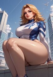 ai_generated alternate_version_at_source big_breasts blonde_hair bodysuit bodysuit_open city_background female hypet invisible_woman invisible_woman_(marvel_rivals) legs_together marvel marvel_rivals ripped_bodysuit ripped_clothing shiny shiny_skin sitting solo sue_richards sue_storm tagme thick thick_ass thick_legs thick_thighs thighs