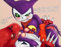 absurd_res annoyed anthro ball_fondling ball_grab ball_squeeze ball_squish balls balls_touching bandai_namco big_balls big_penis black_markings blujie blush breath claws clothing comparing comparing_balls comparing_penis conditional_dnp dialogue digimon digimon_(species) dragon duo erection fangs fondling foreskin fur genitals glans gloves green_eyes guilmon hand_on_balls handwear hi_res humanoid_genitalia humanoid_penis imp impmon lying male male/male markings masturbation mythological_creature mythological_scalie mythology nude nude_anthro on_back open_mouth penis penis_touching purple_body red_body red_clothing red_gloves red_handwear red_scales retracted_foreskin scales scalie sitting sitting_on_another size_difference squish tail teeth text tongue tongue_out vein veiny_penis white_body white_scales yellow_body yellow_fur