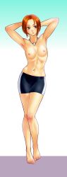 armpits arms_behind_back arms_up barefoot bloomers brown_eyes brown_hair cute cute_face junkasumi110 king_of_fighters moe_habana petite piercing pinup short_hair small_breasts small_nipples