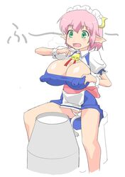 ahoaho blush bovine breasts bursting_breasts cleavage clothed cow_girl cowbell erect_nipples female green_eyes horns huge_breasts huge_nipples long_nipples lotte_no_omocha! maid milk nipples open_mouth panties pink_hair pointy_ears sitting solo stick_nipples tail underwear