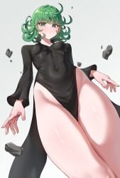 1girls black_dress breasts closed_mouth commentary curly_hair dress female floating floating_object floating_rock from_below green_eyes green_hair highres kadokadokado long_sleeves looking_at_viewer no_panties one-punch_man pelvic_curtain rock short_hair simple_background small_breasts solo tatsumaki thighs