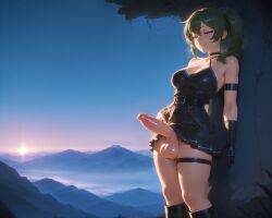 1futa ai_assisted ai_generated arm_strap bare_shoulders belt belt_buckle black_belt black_choker black_dress black_footwear black_gloves blush boots breasts censored choker cleavage closed_mouth clothes_lift dickgirl dress dress_lift earrings elbow_gloves erection futanari gloves green_hair hair_between_eyes half-closed_eyes jewelry knee_boots large_breasts large_penis large_testicles medium_breasts mountain mountainous_horizon newhalf outdoors penis ponytail precum purple_eyes short_dress side_ponytail single_glove skindentation skirt sky smile solo sousou_no_frieren standing sunrise sunset testicles thigh_strap twoderrick ubel_(sousou_no_frieren) uncensored