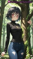 1girls ai_generated anime anime_style bangs black-framed_eyewear black_hair black_sweater blue_pants blush breasts bust busty closed_mouth clothing covered_navel cowboy_shot cross cross_necklace day denim female female_focus female_only flower forest glasses hair_intakes hentai hunter_x_hunter inverted_cross jeans jewelry long_sleeves looking_at_viewer medium_breasts megane natsuyoru nature necklace outdoors pants plant red_eyes round_eyewear shizuku_murasaki short_hair solo solo_female standing sweatdrop sweater tight_clothes torn_clothes torn_pants tree turtleneck turtleneck_sweater voluptuous voluptuous_female white_flower