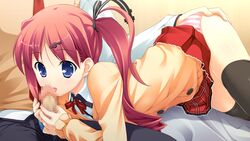 ass_grab bed blue_eyes censored fellatio game_cg hair highres licking nonomiya_ai oral panties penis pink_hair school_uniform seifuku shunki_gentei_poco_a_poco side_ponytail striped striped_panties takoyaki_(artist) thighhighs underwear