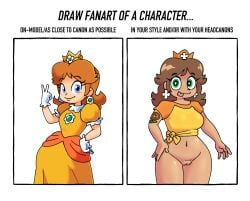 accurate_body_type artstyle_imitation bottomless brown_hair canon canon_vs_fanon canonical_outfit draw_fanart_of_a_character fanon female mario_(series) nebularts nintendo princess_daisy pussy royalty thighs