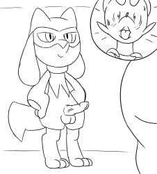 anthro balls duo female generation_4_pokemon generation_5_pokemon genitals hi_res humanoid male male/female mienfoo monochrome nintendo penis pokemon pokemon_(species) riolu usury40