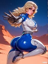 1girls ai_generated ass blonde_hair blue_eyes bodysuit clothed difuxer female female_only large_ass light-skinned_female light_skin looking_at_viewer looking_back marvel marvel_rivals pose solo sue_storm superheroine thighs