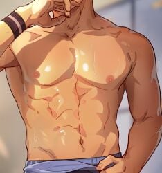 abs armpits glistening_body male male_focus male_only muscular_arms muscular_male nipples pecs shirtless_male sweat sweatdrop tiandanhuishi topless_male underwear underwear_only upper_body