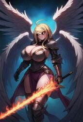 ai_generated akamatsu_kaede angel cow-ede_akamatsu danganronpa fire glowing_eyes huge_breasts runic_text strong tagme thick_thighs wings