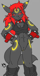 armwear black_nose bottomless breasts cleavage clothing duckdraw eeveelution female female_focus female_only footwear fur furry furry_ears furry_only furry_tail licorice_swirl mostly_nude naked nintendo nude original original_character pokémon_(species) pokemon pokemon_(species) pussy red_eyes red_hair solo tail topwear umbreon