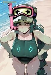 ai_generated alli_(brawl_stars) beach big_breasts black_eyes brawl_stars breasts female green_hair green_skin green_swimsuit solo sweat swimsuit telegram water