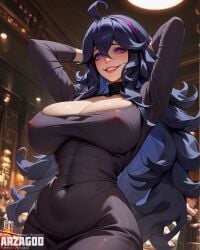 1girls ai_generated arzagod dress hands_up hex_maniac large_ass large_breasts long_hair looking_at_viewer mommy navel nintendo nipples pokemon pussy see-through short_sleeves smile smiling standing thick_thighs