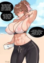 1futa abs arm_up armpit armpit_crease big_breasts breasts brown_hair brunette_hair bulge bulge_down_leg bulge_through_clothing busty clothed clothing english_text female fit fit_futanari futa_only futanari huge_breasts human imminent_sex large_breasts light_skin mostly_clothed nipples nipples_visible_through_clothing norza pants penis_bulge penis_under_clothes see-through see-through_top solo tagme talking_to_viewer text tight_clothing