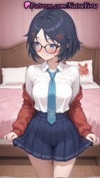 1girls ahoge ai_generated anime anime_style averting_eyes bangs bed bedroom black-framed_eyewear black_hair blouse blue_eyes blue_hair blue_necktie blue_skirt blush breasts bust busty cardigan closed_mouth collared_shirt female female_focus female_only glasses hair_clips hair_ornament hairclip hentai hi_res high_quality high_resolution highres indoors jacket large_breasts long_sleeves looking_at_viewer looking_away looking_to_the_side medium_breasts megane mila_(miside) miside mita_(miside) natsuyoru necktie off_shoulder on_bed open_cardigan open_clothes pillow pleated_skirt red_cardigan red_jacket school_uniform shirt shirt_tucked_in short_hair skirt skirt_hold skirt_lift smile solo solo_female tie voluptuous voluptuous_female white_shirt wooden_floor