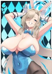 animal_ears aqua_leotard asuna_(blue_archive) asuna_(bunny)_(blue_archive) asymmetrical_bangs bare_shoulders blonde_hair blue_archive blue_bow blue_bowtie blue_eyes blue_halo blue_leotard blue_ribbon blush bow bowtie breasts cleavage detached_collar fake_animal_ears female gloves hair_ornament hair_over_one_eye halo highres large_breasts leotard long_hair looking_at_viewer mole mole_on_breast official_alternate_costume pantyhose playboy_bunny rabbit_ears ribbon smile solo strapless strapless_leotard suigetu26 traditional_bowtie very_long_hair