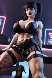 1girls 3d 3d_(artwork) ai_generated big_ass big_breasts black black_hair button_down_shirt choker fishnets garter_belt garter_straps goth goth_girl high_heels hispanic kali(oc) latina lipstick radnsad short_skirt solo solo_female solo_focus thick_thighs