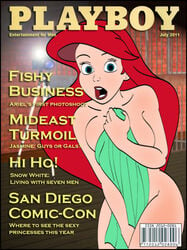 1girls ariel breasts cleavage col_kink covering covering_breasts covering_crotch disney disney_princess embarrassed embarrassed_nude_female enf female female_only full_color huge_breasts magazine magazine_cover no_penetration nude playboy playtoon solo solo_female straight_hair surprised text the_little_mermaid towel towel_slip wide_hips