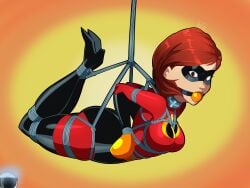 1girls aceliuszid ball_gag bondage bondage_mittens bound bound_hands collar female female_only femsub fully_clothed gag gagged helen_parr mittens png red_hair rope simple_background superheroine suspended suspension suspension_bondage the_incredibles tight_clothing