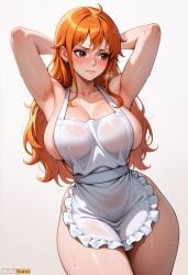 ai_generated apron armpits arms_behind_head arms_up artist_name bangs blush breasts brown_eyes cleavage closed_mouth collarbone cowboy_shot curvy earrings female frilled_apron high_resolution highres jewelry large_breasts long_hair looking_away looking_to_the_side naked_apron nami nami_(one_piece) one_piece orange_eyes orange_hair see-through sideboob simple_background solo stable_diffusion sweat thick_thighs thighs waifuscans418 wet white_apron white_background wide_hips