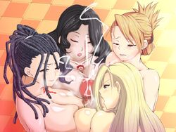 1boy 4girls black_hair blonde_hair breast_press breasts breath censored cum cumming_from_paizuri ejaculation female fullmetal_alchemist garakuta_(garakuta_no_gomibako) huge_breasts human izumi_curtis large_breasts lust lust_(fullmetal_alchemist) male multiple_girls multiple_paizuri naughty_face olivier_mira_armstrong open_mouth orgasm paizuri penis precum quadruple_paizuri riza_hawkeye straight teamwork