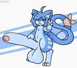 anthro blue_eyes blue_fur blue_hair catboy evilfiendish feline femboy fur furry huge_balls huge_cock hung_trap hyper_penis peace_sign potayo_(potayonsfw) proud_of_his_cock small_but_hung smug smug_grin