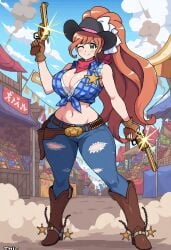 ai_generated cow-ede_akamatsu cowboy danganronpa huge_breasts orange_hair pixel_art tagme thick_thighs wide_hips yukizome_chisa