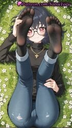 1girls ai_generated anime anime_style asian ass bangs black-framed_eyewear black_hair black_pantyhose black_sweater blue_pants blush breasts bust busty closed_mouth cross cross_necklace denim feet feet_up female female_focus female_only flower foot_fetish foot_focus foreshortening full_body glasses grass hair_between_eyes heart heart-shaped_pupils hentai hunter_x_hunter indoors jeans jewelry juicy_butt legs legs_up long_sleeves looking_at_viewer lying medium_hair megane natsuyoru necklace no_shoes on_back on_grass pants pantyhose pov_feet presenting_foot red_eyes round_eyewear shizuku_murasaki short_hair smile socks soles solo solo_female sweater symbol-shaped_pupils thighs toes torn_clothes torn_jeans torn_pants turtleneck turtleneck_sweater voluptuous voluptuous_female white_flower