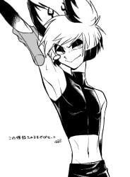 absurd_res alastor_(hazbin_hotel) ambiguous_gender animal_humanoid antlers clothing crop_top deer deer_humanoid demon demon_humanoid disembodied_hand duo enaic31 hazbin_hotel hi_res horn humanoid japanese_text looking_at_viewer male mammal mammal_humanoid monochrome navel shirt slim smile solo_male tank_top text topwear translation_check translation_request