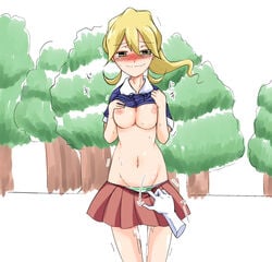 areolae bad_id blonde_hair blush breasts erect_nipples female forest hips human lass_(pokemon) lass_(pokemon_xy) legs long_hair midriff miniskirt mound_of_venus navel nintendo nipples npc_trainer outdoors pokemon pokemon_xy pussy_juice shiny shiny_skin shirt_lift skirt_pull solo sweat sweatdrop tears tree trembling