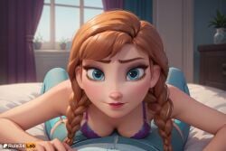 1boy 1boy1girl 1girls ai_generated anna_(frozen) artist_name bed blue_eyes blurry bra braid breasts brown_hair cowgirl_position curtains disney disney_princess eyelashes freckles frozen frozen_(film) frozen_2 garter_straps hair_over_shoulder hi_res indoors lips long_hair looking_at_viewer lying makeup medium_breasts on_back on_bed orange_hair pants pov purple_bra rule34lab small_breasts solo_focus straight thighhighs twin_braids underwear window