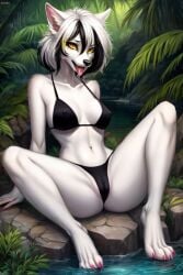 bikini black_hair furry furry_ass furry_breasts furry_ears furry_female furry_only furry_tail jungle white_fur white_hair