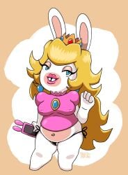 1girls anthro belly chubby chubby_anthro chubby_belly chubby_female electronics female female_only jaleczu mario_(series) mario_plus_rabbids_kingdom_battle medium_breasts nintendo nipples_visible_through_clothing panties pasties rabbid rabbid_peach raving_rabbids rayman_(series) semi_nude shortstack solo solo_female super_mario_bros. tight_clothing ubisoft