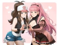 2girls bare_shoulders baseball_cap blue_eyes breasts brown_hair cleavage company_connection creatures_(company) crossover denim denim_shorts emknov fire_emblem fire_emblem:_three_houses game_freak hat heart heart_hands heart_hands_duo high_ponytail hilda_(pokemon) hilda_valentine_goneril large_breasts long_hair looking_at_viewer multiple_girls name_connection nintendo official_alternate_costume pink_eyes pink_hair pokemon pokemon_bw ponytail shirt shorts sidelocks smile twintails vest white_shirt wristband