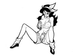 black_hair blush bow breasts curly_hair dragon_ball female female_only good_launch hand_on_crotch human large_breasts launch loose_socks masturbation monochrome nipple_tweak nipples nopeavi simple_background sitting socks solo spread_legs tank_top white_background wince