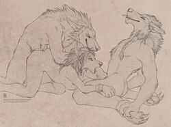 2011 all_fours breasts cum cum_in_mouth doggy_style fellatio female from_behind knot male nude oral oral_sex penetration penis sex shinigamigirl sideboob sketch straight threesome video_games warcraft werewolf worgen world_of_warcraft