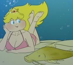 1girls air_bubbles aquaglubs barefoot big_breasts bikini blonde_hair blue_eyes breasts bubbles catfish cleavage crown feet female fish flowing_hair holding_breath human lipstick long_hair makeup marine mario_(series) nintendo ocean pink_bikini pink_lipstick pink_swimsuit princess_peach puffed_cheeks sea soles super_mario_bros. underwater water