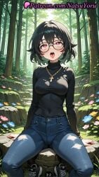 1girls ahe_gao ai_generated anime anime_style arm_support bangs black-framed_eyewear black_footwear black_hair black_shirt black_sweater blue_flower blue_pants blush breasts bush bust busty cameltoe covered_navel cross cross_necklace day denim drooling female female_focus female_only flower flowers forest glasses grass hair_between_eyes heart heart-shaped_pupils hentai high-waist_pants hunter_x_hunter inverted_cross jeans jewelry long_sleeves looking_at_viewer medium_breasts megane natsuyoru nature necklace open_mouth outdoors pants pink_flower red_eyes rock rolling_eyes round_eyewear saliva shirt_tucked_in shizuku_murasaki shoes short_hair sitting sneakers solo solo_female spread_legs sweater symbol-shaped_pupils teeth tongue tongue_out torn_clothes torn_jeans torn_pants tree turtleneck turtleneck_sweater voluptuous voluptuous_female