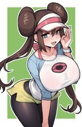 1girls big_breasts black_leggings blue_eyes bow breasts bright_pupils brown_hair collarbone commentary creatures_(company) double_bun doughnut_hair_bun female game_freak hair_bun highres large_breasts leaning_forward leggings long_hair nago_purin nintendo pink_bow pokemon pokemon_bw2 raglan_sleeves rosa_(pokemon) short_shorts shorts solo symbol-only_commentary twintails visor_cap watch white_pupils wristwatch yellow_shorts